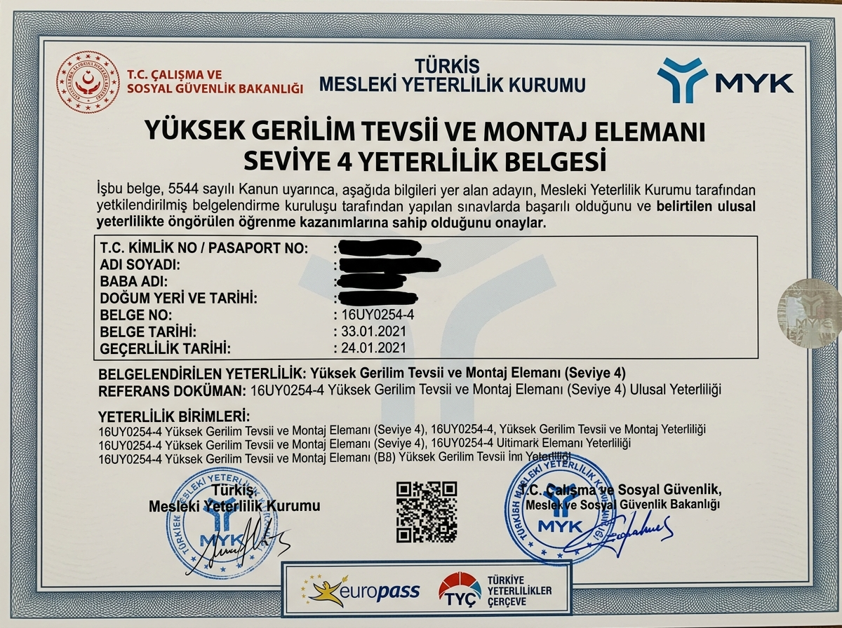 MYK 16UY0254-4 Seviye 4 Yüksek Gerilim Tevsii & Montaj Elemanı Belgesi